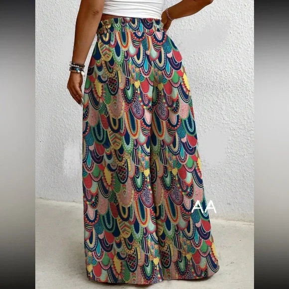 Plus Size Boho Abstract Geo Print Smocked  High Waist Wide Leg Palazzo Pants - Picture 3 of 4